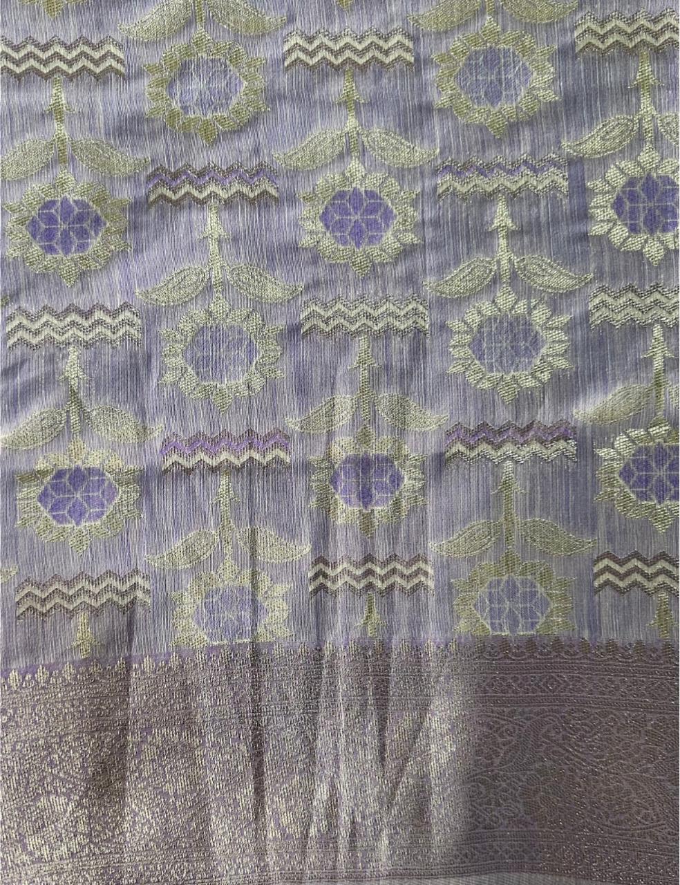 Premium Lavender Floral Woven Silk-Blend Saree with Designer Scalloped Border