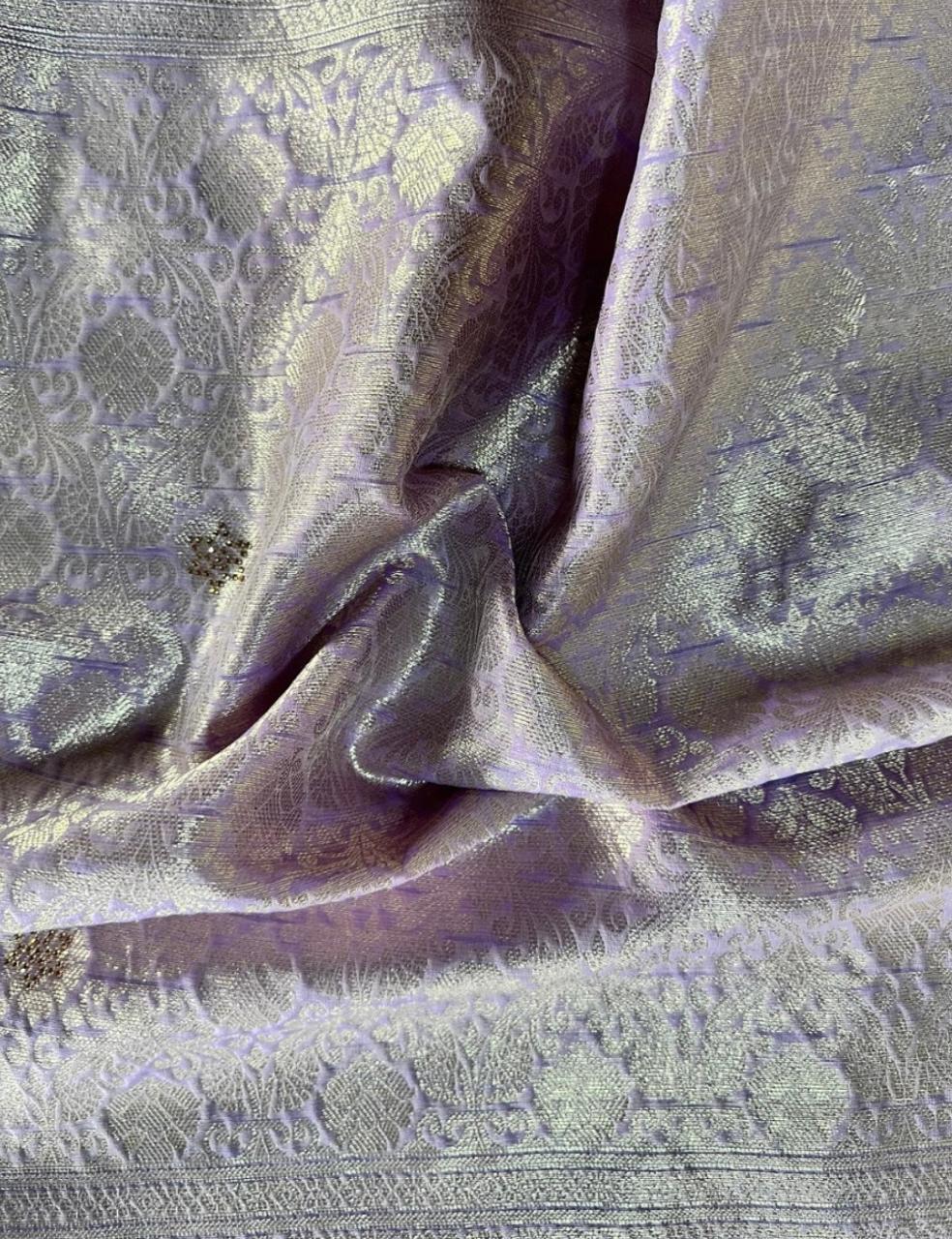 Premium Lavender Floral Woven Silk-Blend Saree with Designer Scalloped Border