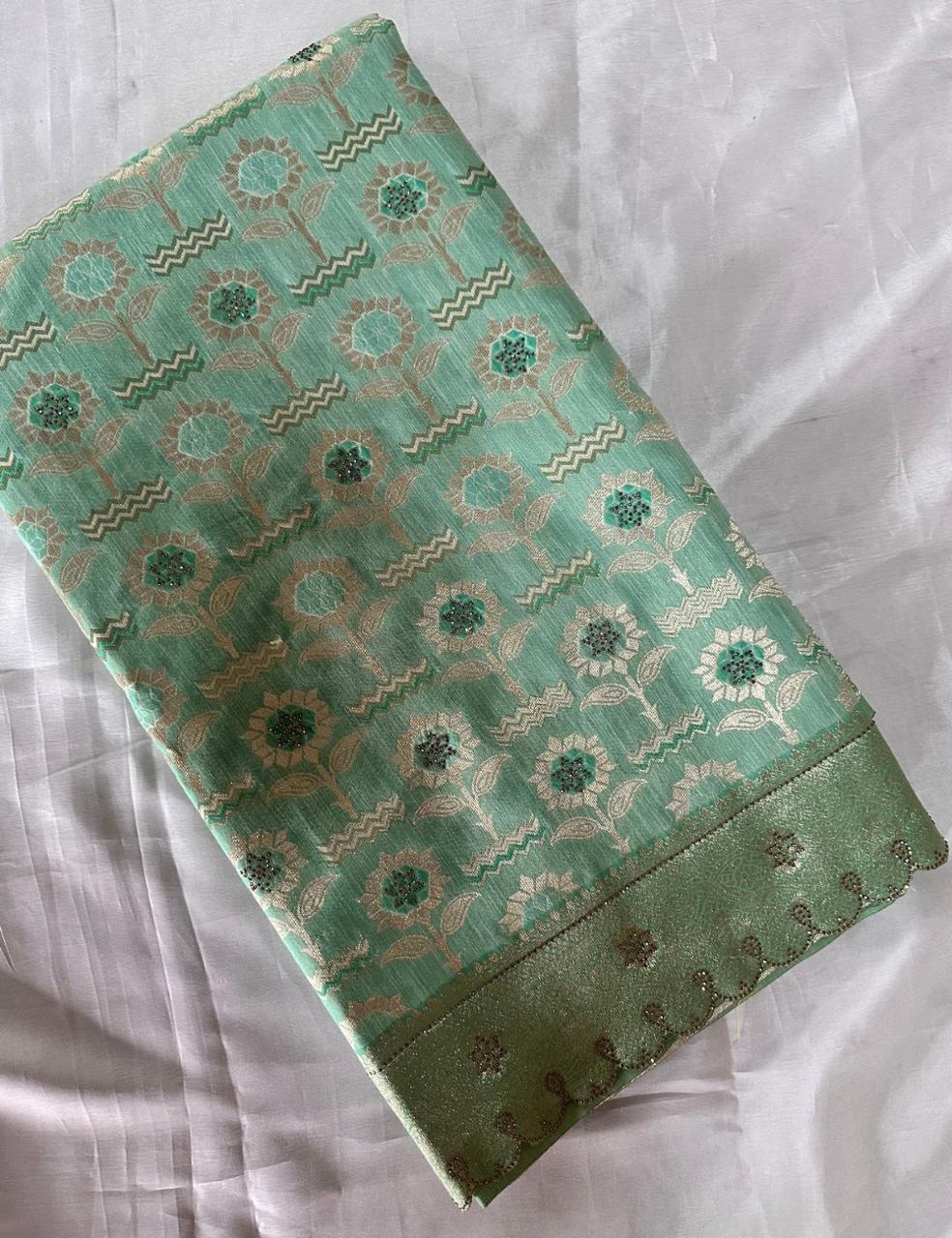 Mint Green Tussar Silk Saree with Floral Zari Butta and Scalloped Border