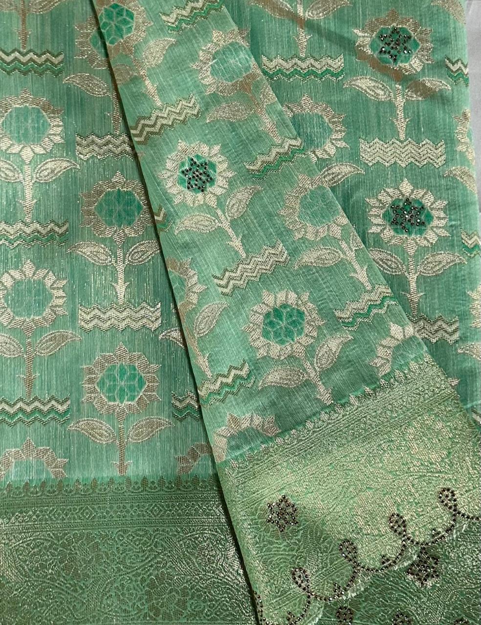 Mint Green Tussar Silk Saree with Floral Zari Butta and Scalloped Border