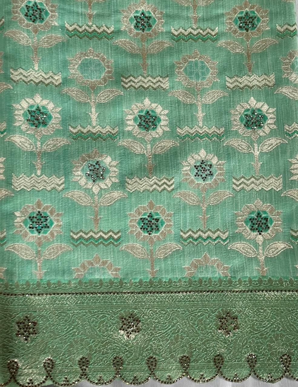 Mint Green Tussar Silk Saree with Floral Zari Butta and Scalloped Border