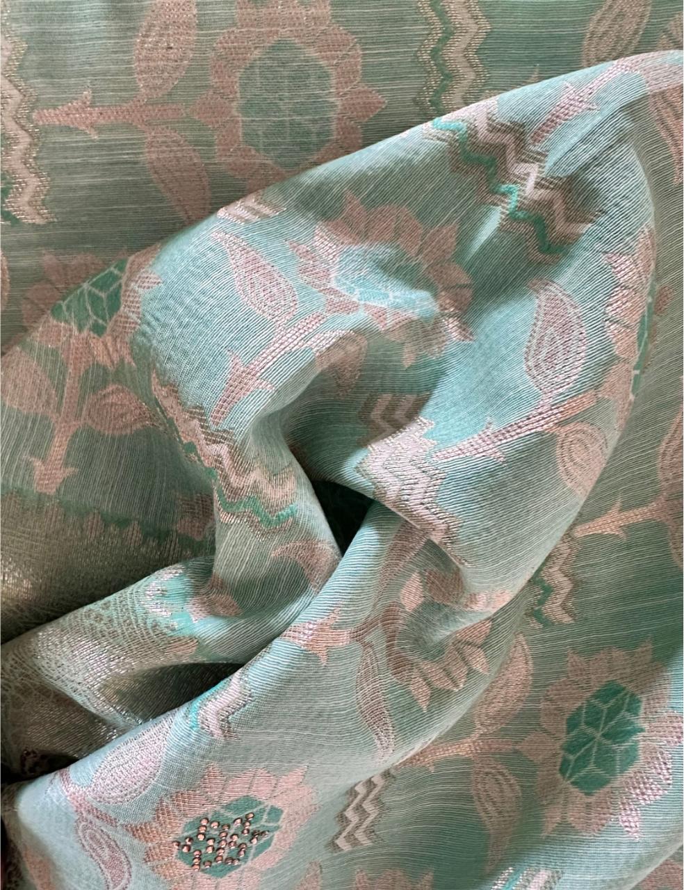 Mint Green Tussar Silk Saree with Floral Zari Butta and Scalloped Border