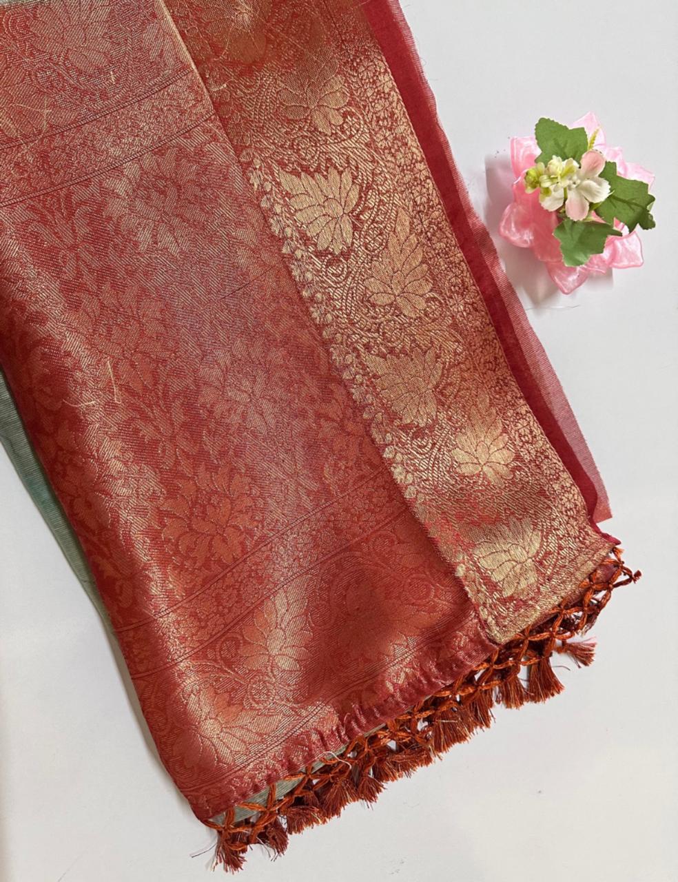 Organza Silk Saree – Sage Green Base with Maroon & Antique Gold Zari Border | Elegant Festive Wear