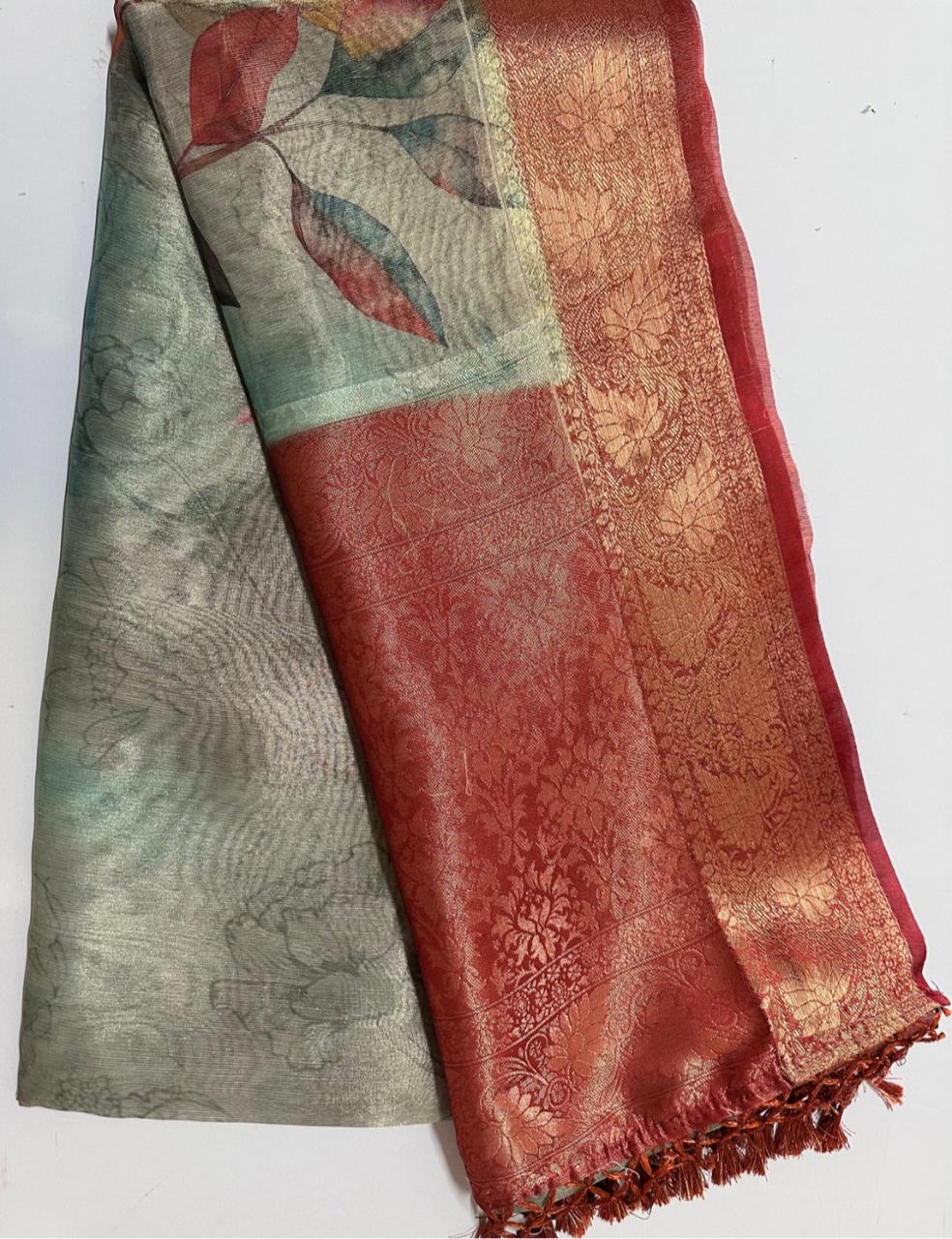 Organza Silk Saree – Sage Green Base with Maroon & Antique Gold Zari Border | Elegant Festive Wear
