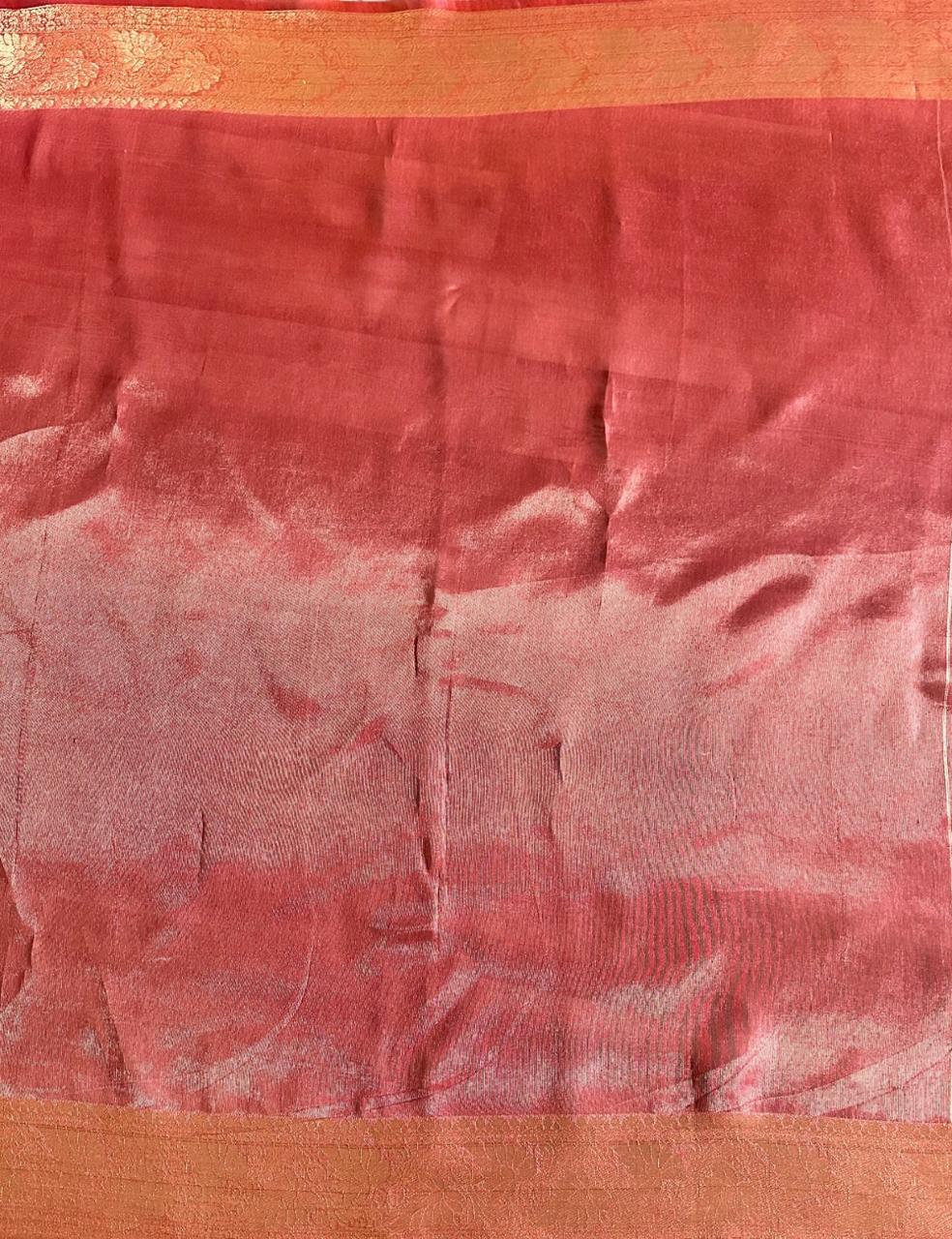 Organza Silk Saree – Sage Green Base with Maroon & Antique Gold Zari Border | Elegant Festive Wear