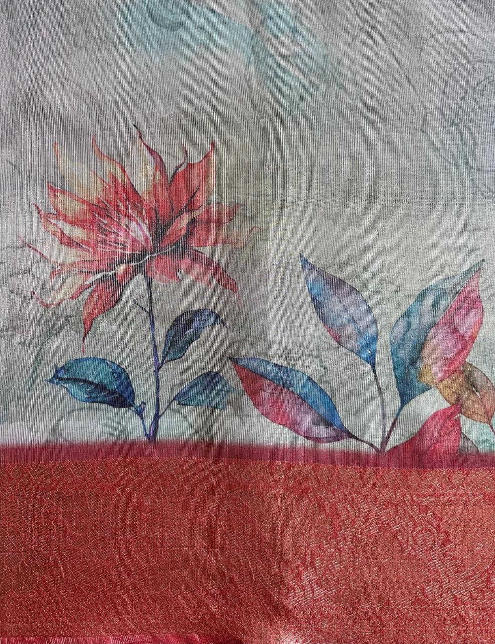 Organza Silk Saree – Sage Green Base with Maroon & Antique Gold Zari Border | Elegant Festive Wear