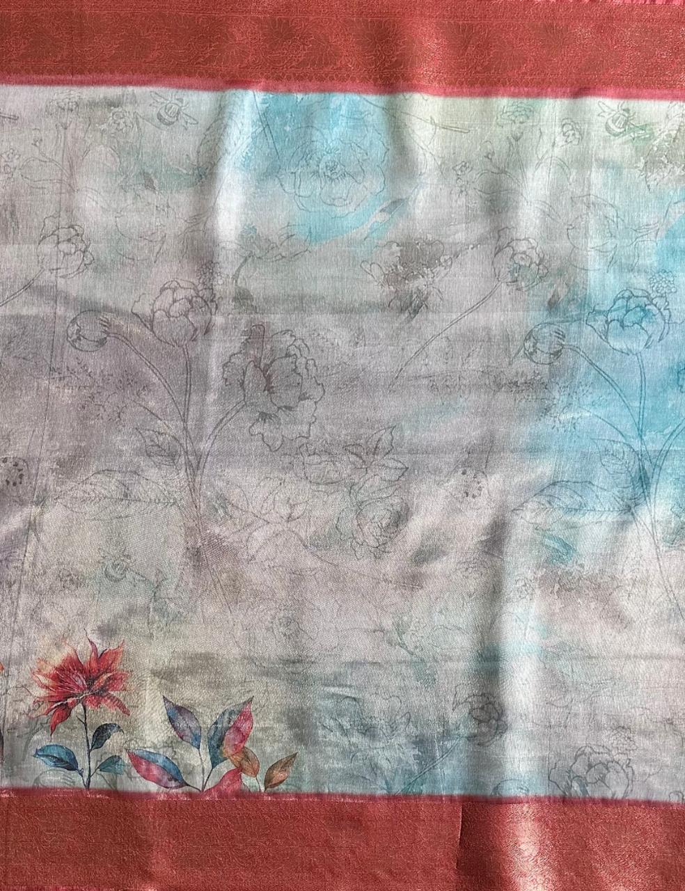 Organza Silk Saree – Sage Green Base with Maroon & Antique Gold Zari Border | Elegant Festive Wear