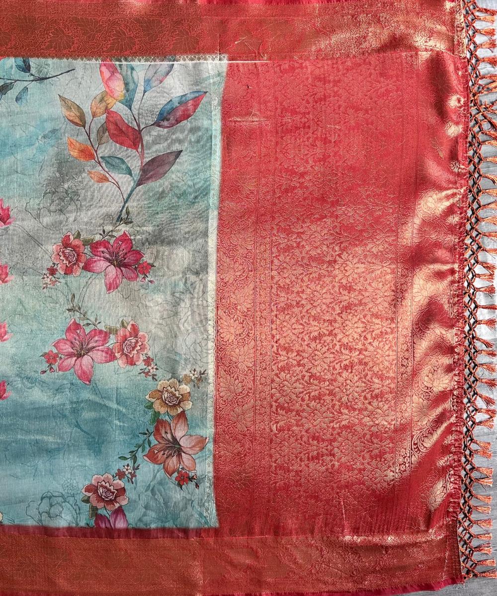 Organza Silk Saree – Sage Green Base with Maroon & Antique Gold Zari Border | Elegant Festive Wear