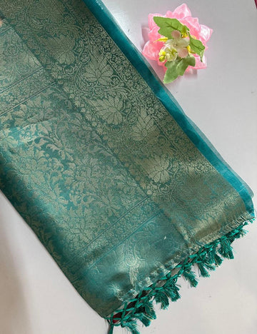 Charcoal Grey Organza Silk Saree with Multicolour Floral Print & Antique Zari Border