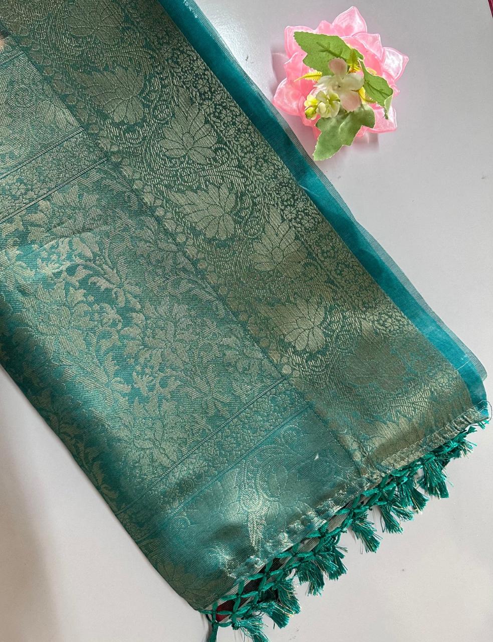 Charcoal Grey Organza Silk Saree with Multicolour Floral Print & Antique Zari Border