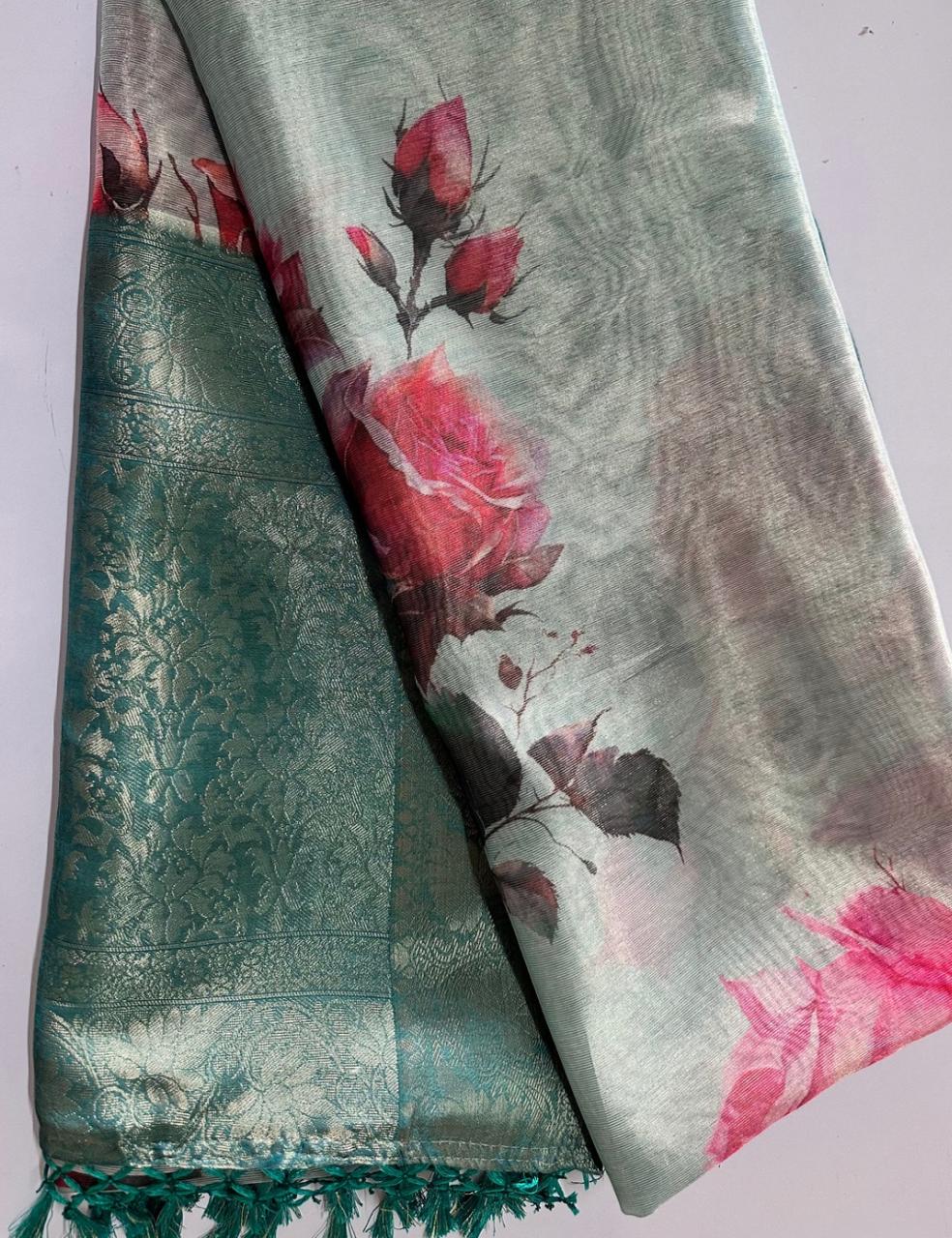 Charcoal Grey Organza Silk Saree with Multicolour Floral Print & Antique Zari Border