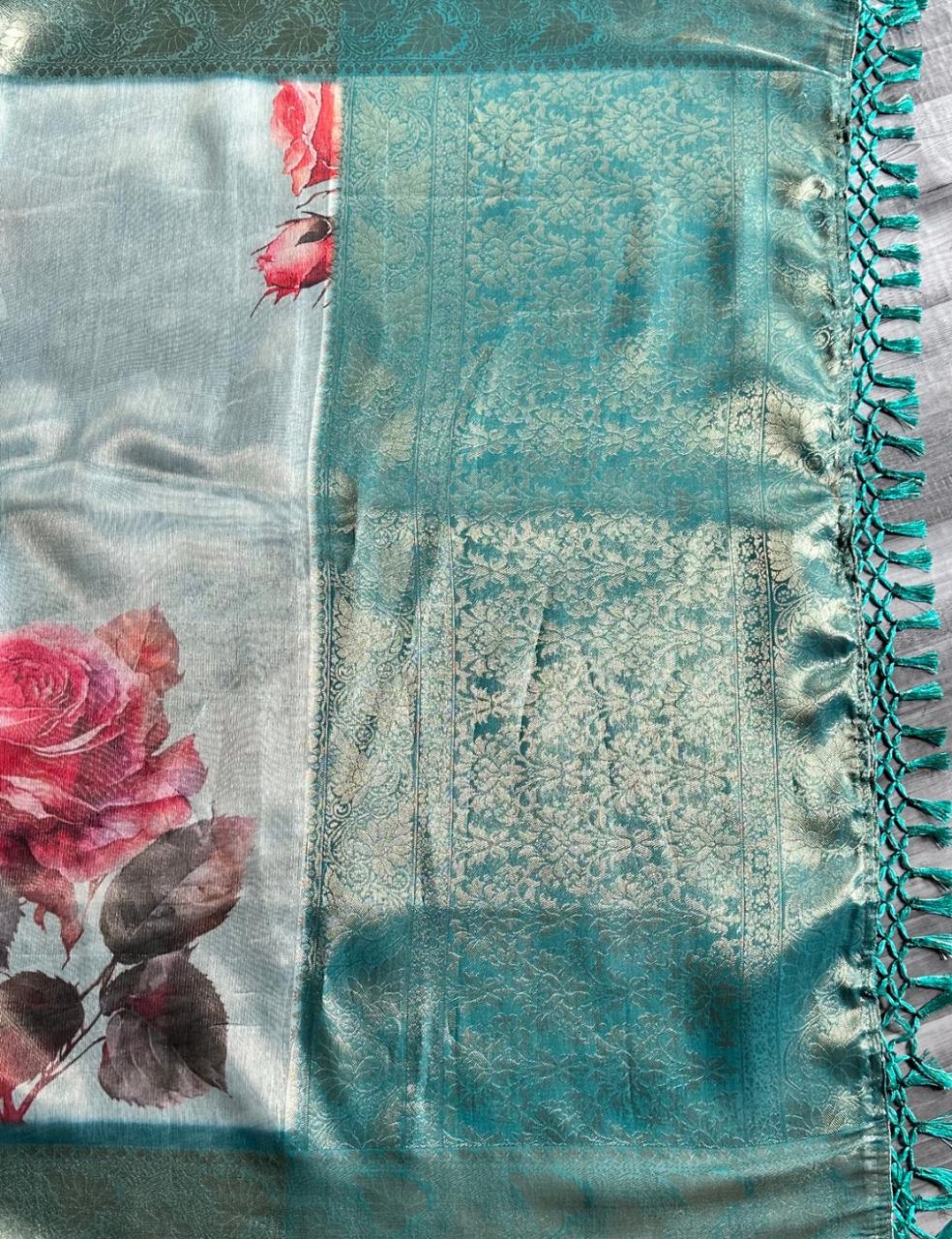 Charcoal Grey Organza Silk Saree with Multicolour Floral Print & Antique Zari Border