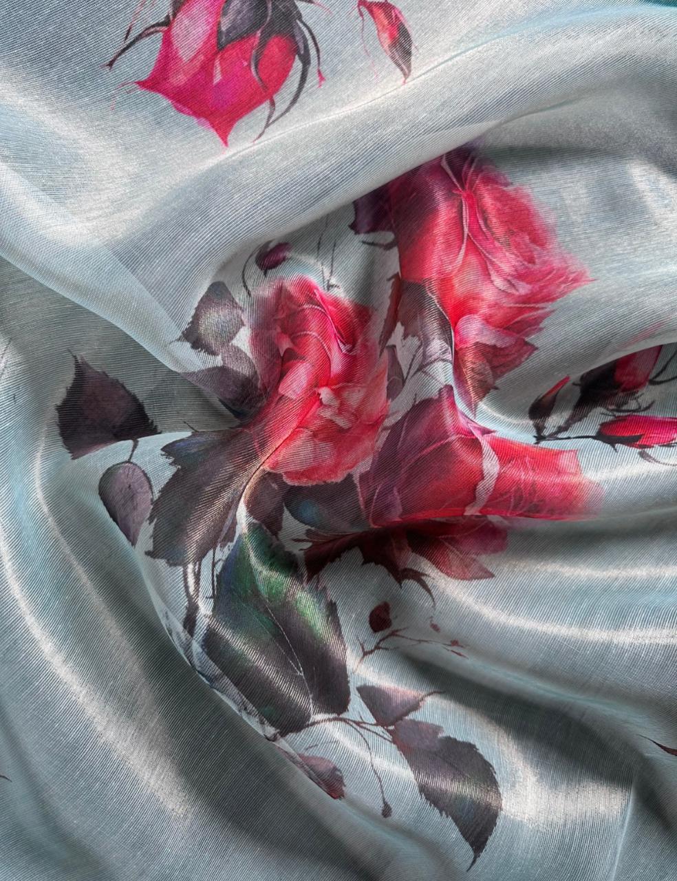 Charcoal Grey Organza Silk Saree with Multicolour Floral Print & Antique Zari Border