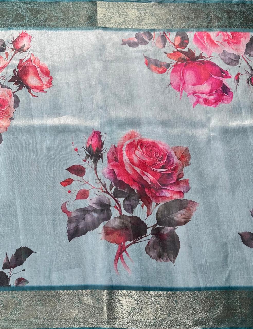 Charcoal Grey Organza Silk Saree with Multicolour Floral Print & Antique Zari Border