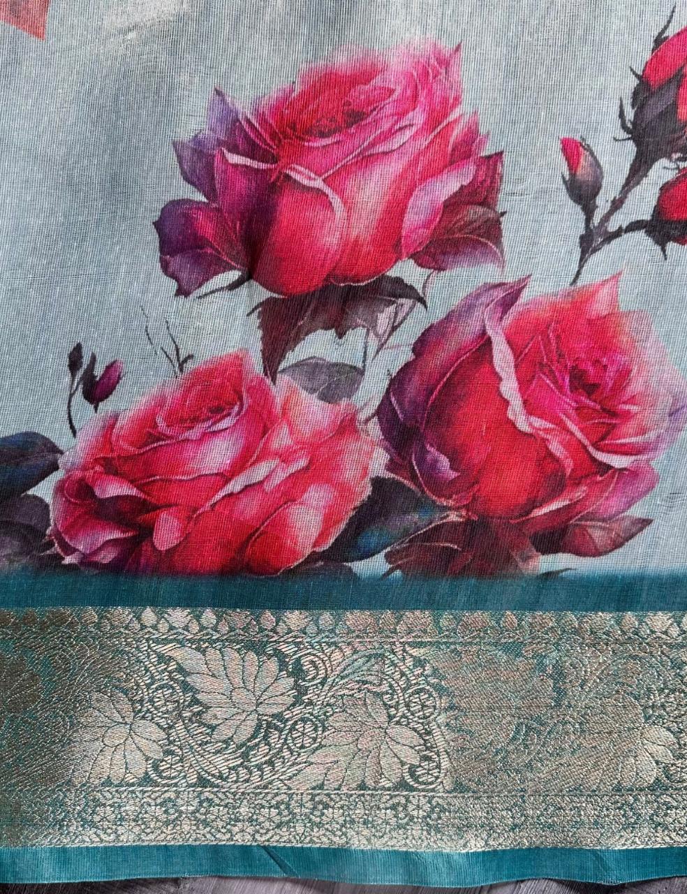 Charcoal Grey Organza Silk Saree with Multicolour Floral Print & Antique Zari Border