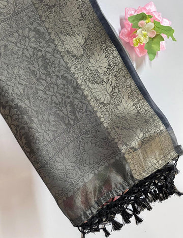 Royal Blue Organza Silk Saree with Floral Digital Print & Sea Green Zari Border