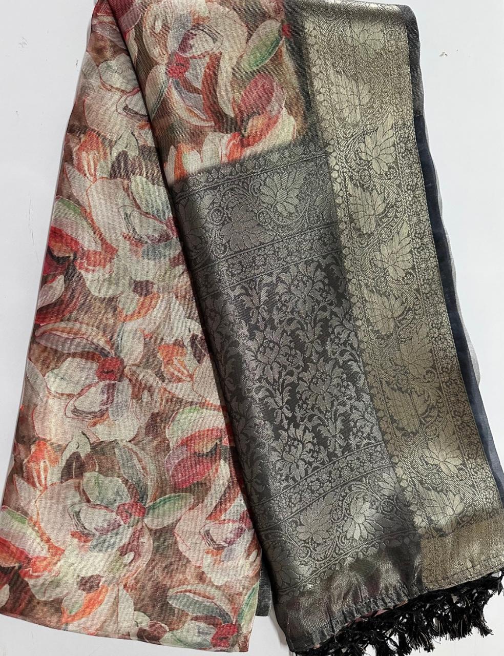 Royal Blue Organza Silk Saree with Floral Digital Print & Sea Green Zari Border