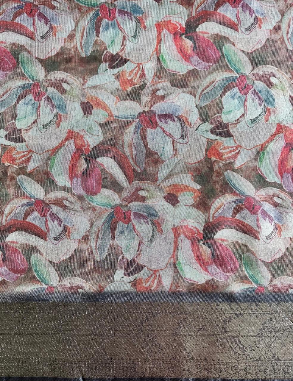 Royal Blue Organza Silk Saree with Floral Digital Print & Sea Green Zari Border