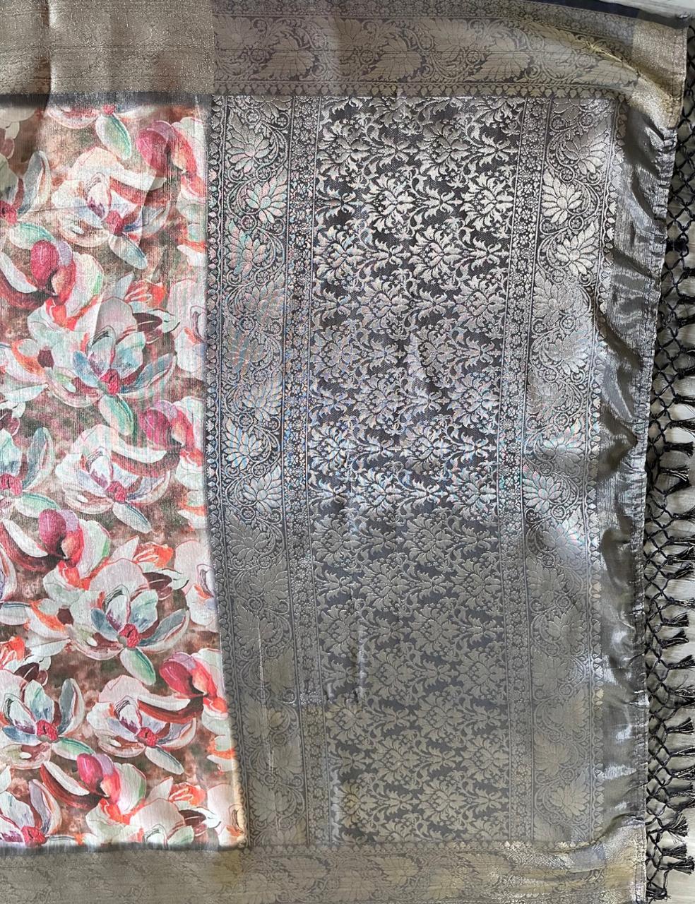 Royal Blue Organza Silk Saree with Floral Digital Print & Sea Green Zari Border