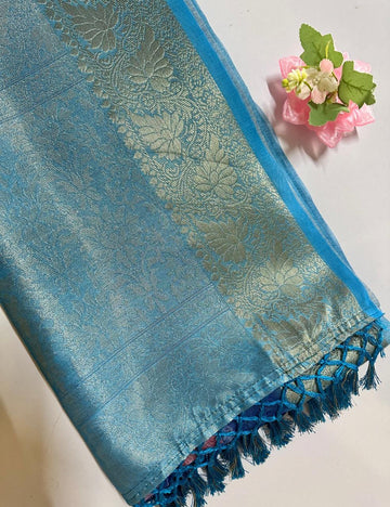 Mint Green Organza Silk Saree with Rose Floral Digital Print & Teal Zari Border