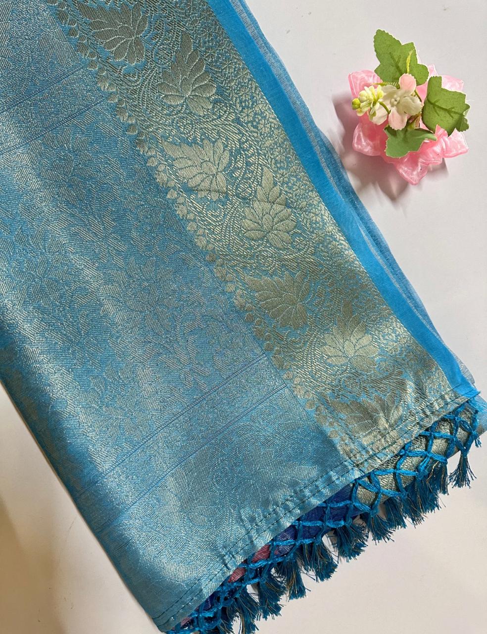 Mint Green Organza Silk Saree with Rose Floral Digital Print & Teal Zari Border