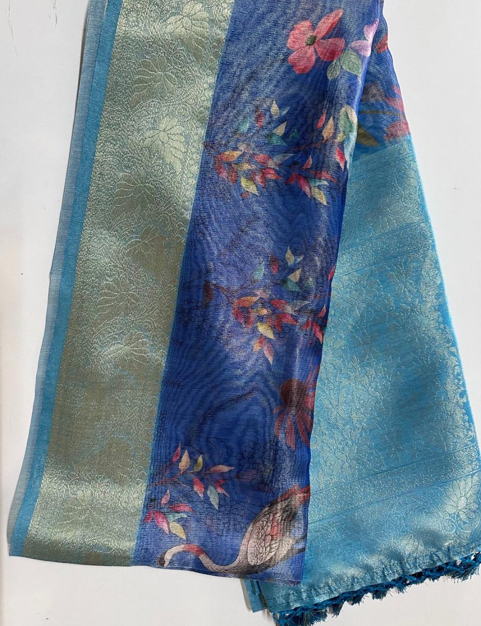 Mint Green Organza Silk Saree with Rose Floral Digital Print & Teal Zari Border