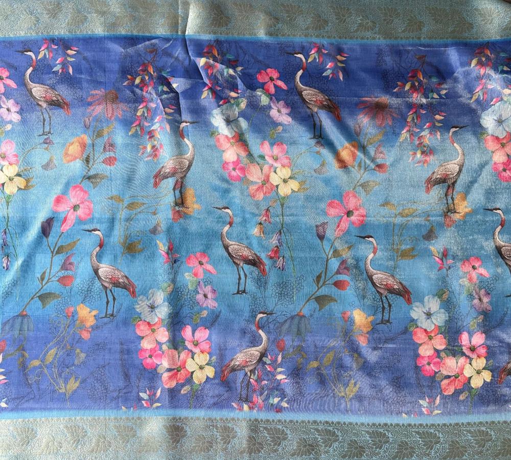 Mint Green Organza Silk Saree with Rose Floral Digital Print & Teal Zari Border