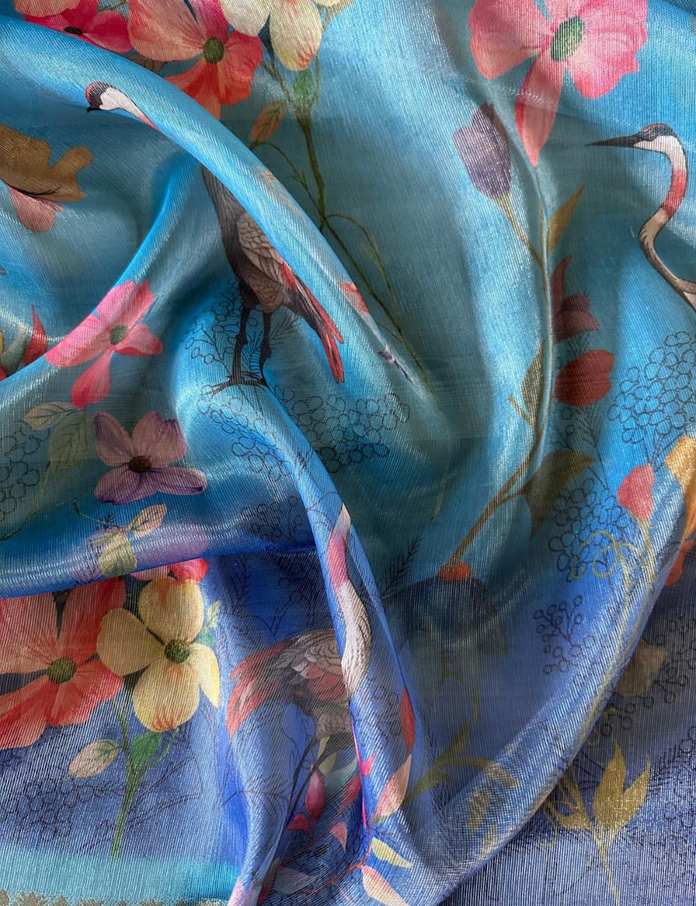 Mint Green Organza Silk Saree with Rose Floral Digital Print & Teal Zari Border