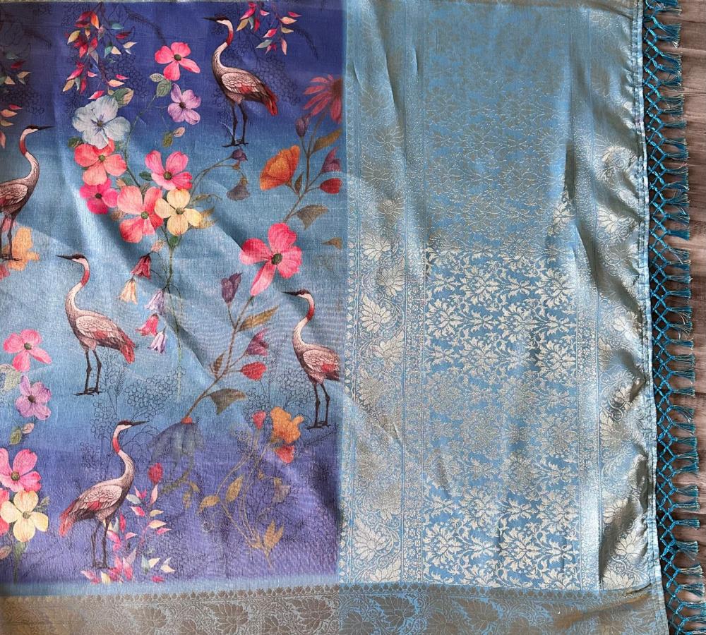 Mint Green Organza Silk Saree with Rose Floral Digital Print & Teal Zari Border