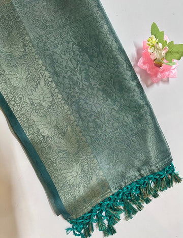 Mint Green Organza Silk Saree with Rose Floral Digital Print & Teal Zari Border