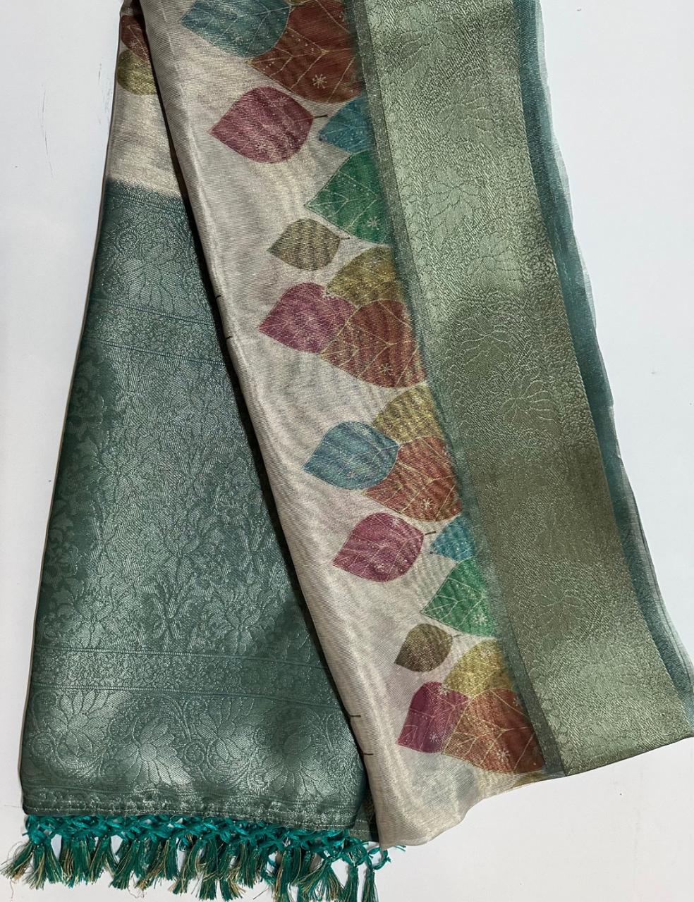 Mint Green Organza Silk Saree with Rose Floral Digital Print & Teal Zari Border