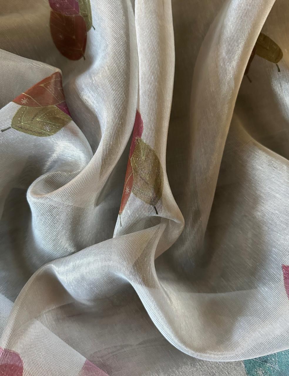 Mint Green Organza Silk Saree with Rose Floral Digital Print & Teal Zari Border