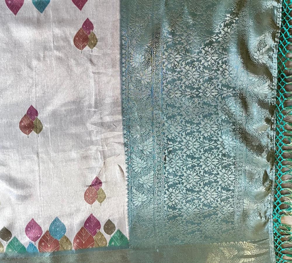 Mint Green Organza Silk Saree with Rose Floral Digital Print & Teal Zari Border