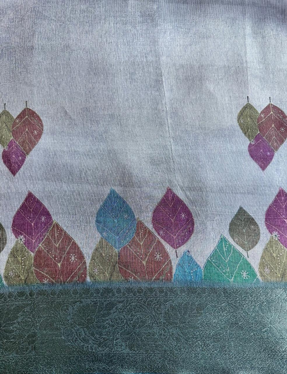 Mint Green Organza Silk Saree with Rose Floral Digital Print & Teal Zari Border