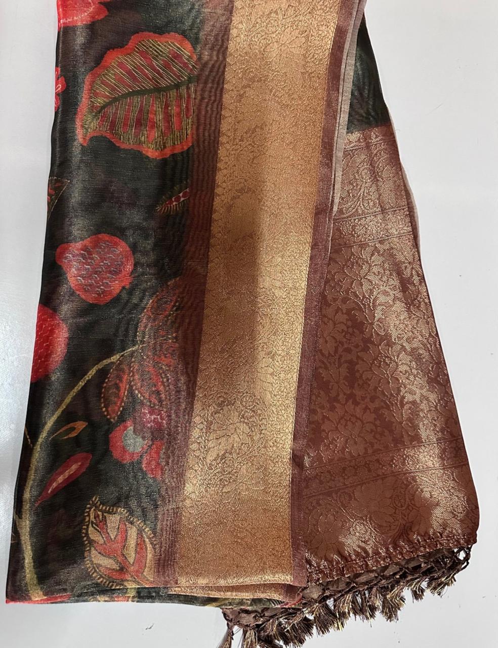 Olive Grey Organza Silk Saree with Antique Gold Zari Border