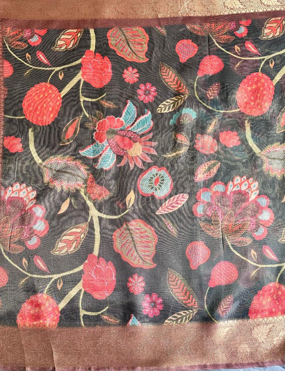 Olive Grey Organza Silk Saree with Antique Gold Zari Border