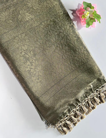 Dove Grey Organza Silk Saree with Blue Leaf Motif & Antique Gold Zari Border