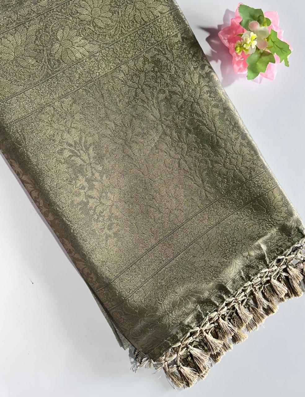Dove Grey Organza Silk Saree with Blue Leaf Motif & Antique Gold Zari Border