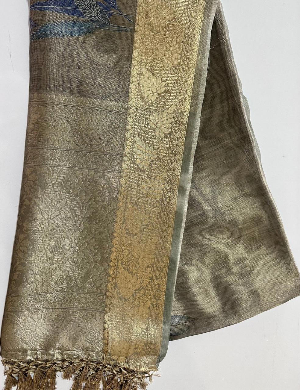 Dove Grey Organza Silk Saree with Blue Leaf Motif & Antique Gold Zari Border