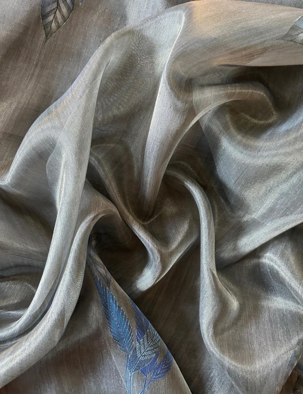 Dove Grey Organza Silk Saree with Blue Leaf Motif & Antique Gold Zari Border