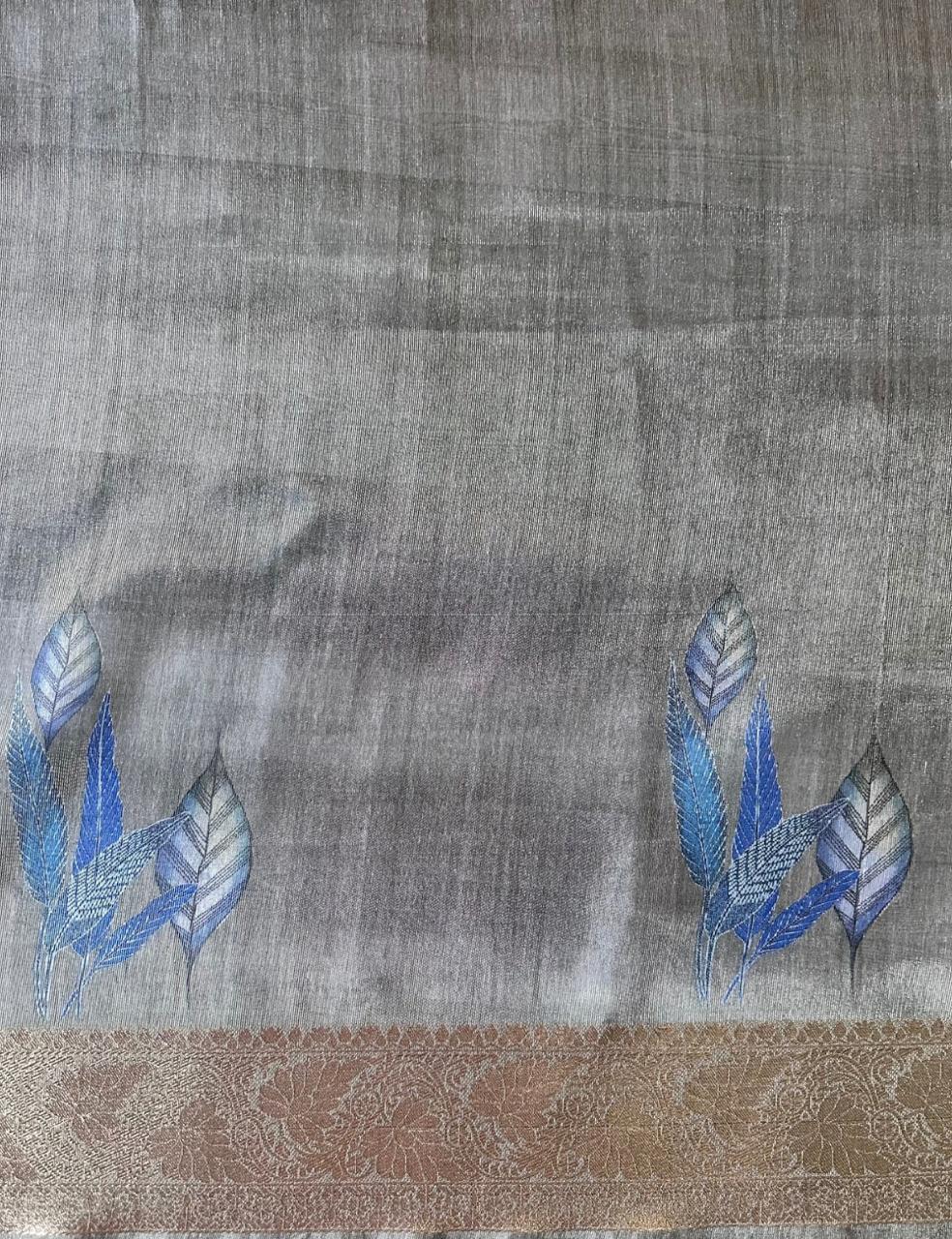 Dove Grey Organza Silk Saree with Blue Leaf Motif & Antique Gold Zari Border