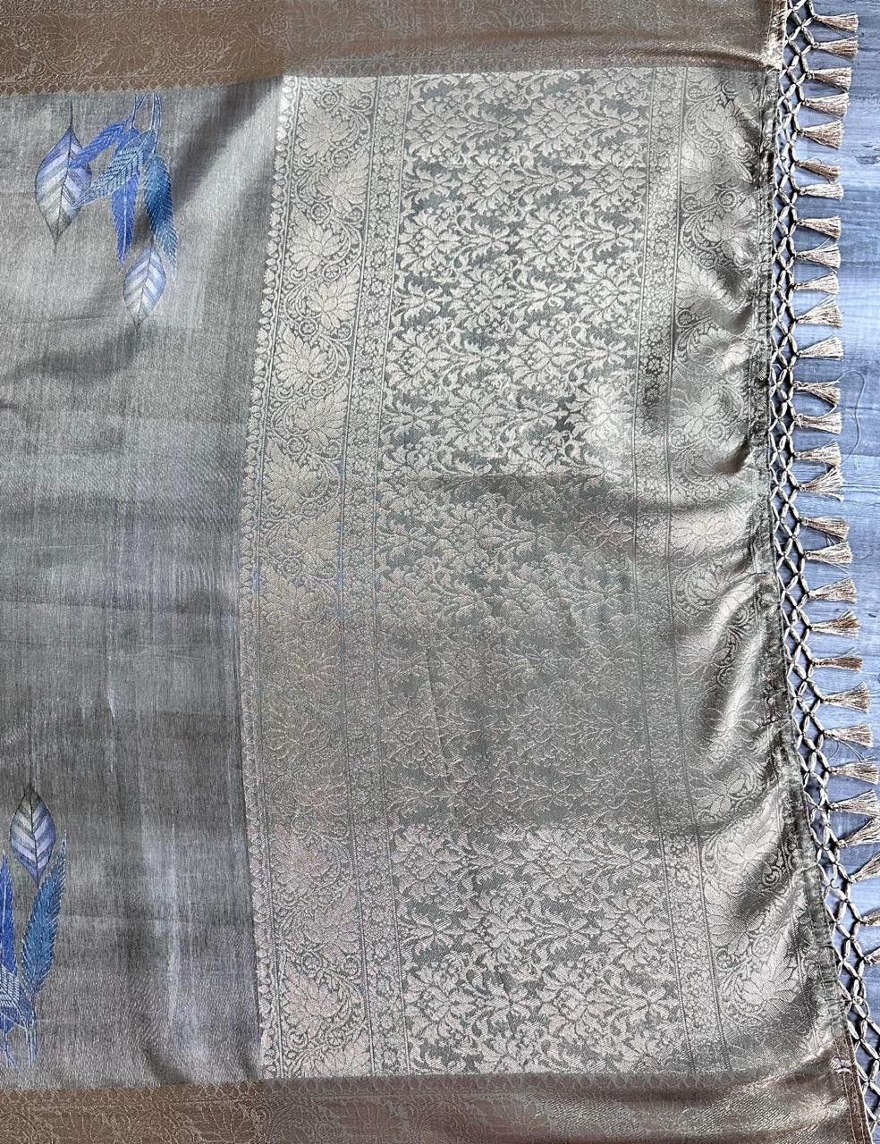Dove Grey Organza Silk Saree with Blue Leaf Motif & Antique Gold Zari Border