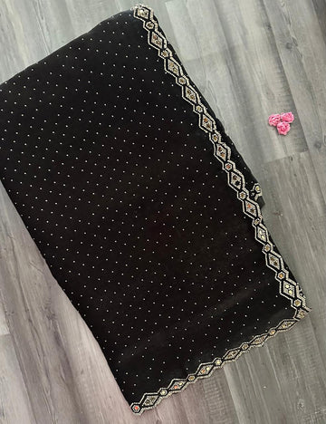 Black Saree with Stone Work Border & All-Over Dot Design
