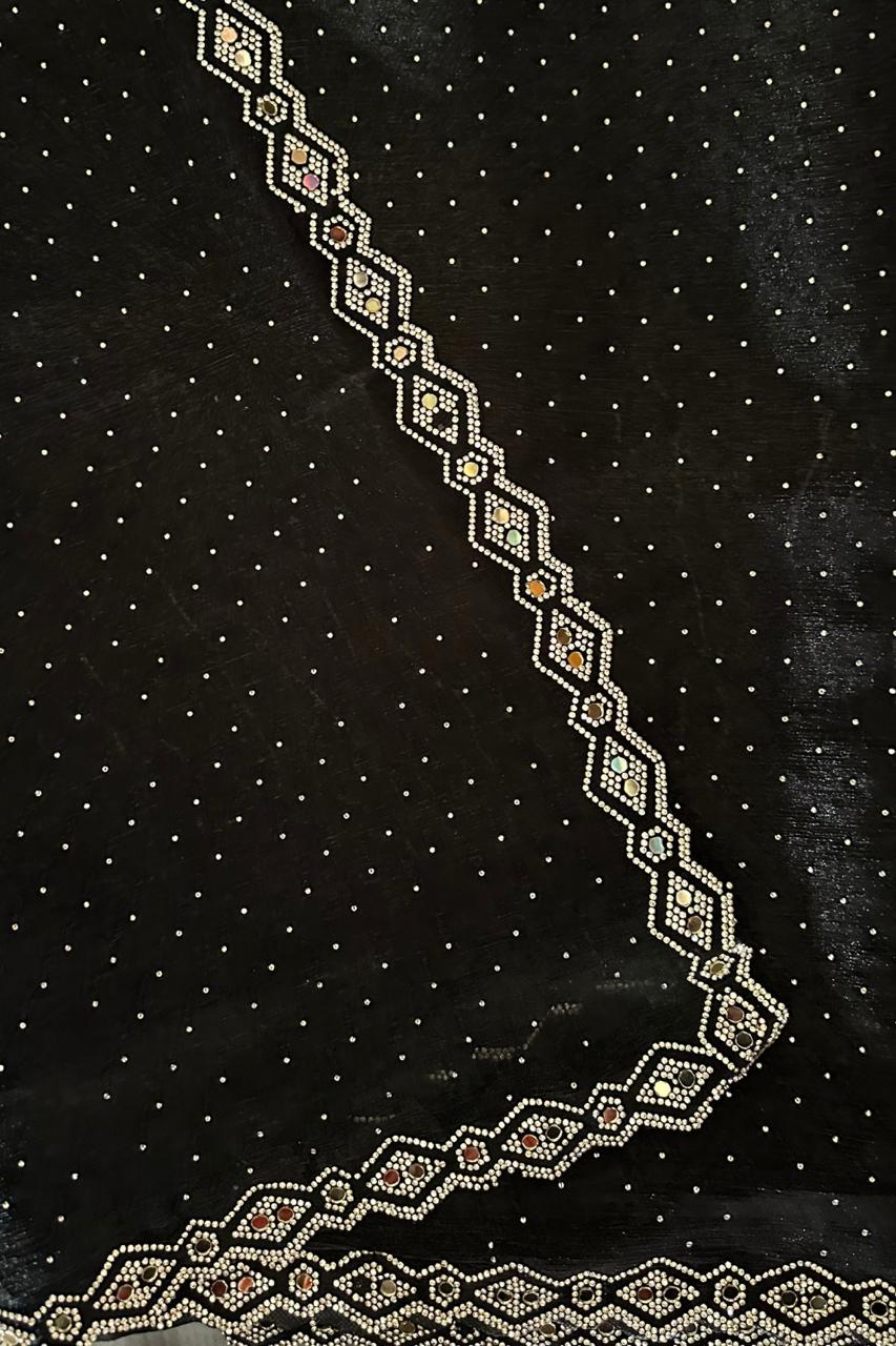 Black Saree with Stone Work Border & All-Over Dot Design