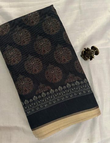 Deep Charcoal Grey Floral Design Saree with Muted Maroon Motifs & Antique Beige Border