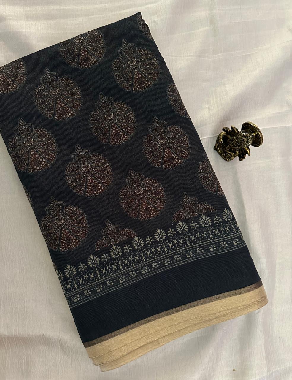 Deep Charcoal Grey Floral Design Saree with Muted Maroon Motifs & Antique Beige Border