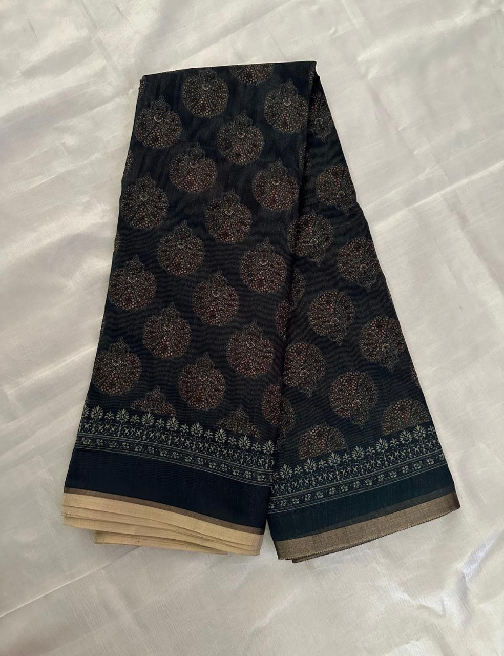 Deep Charcoal Grey Floral Design Saree with Muted Maroon Motifs & Antique Beige Border