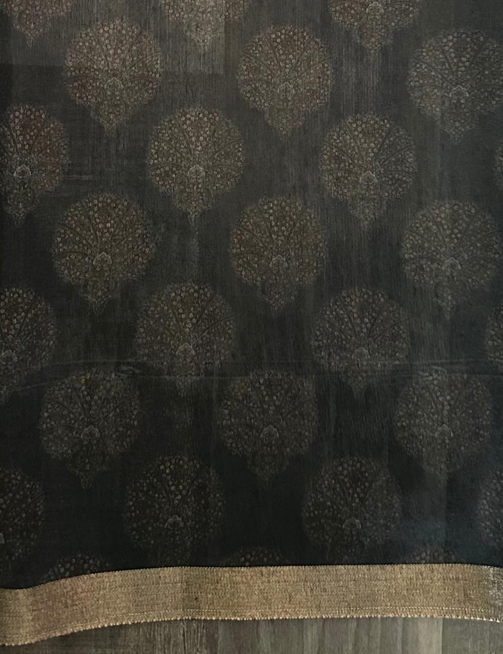 Deep Charcoal Grey Floral Design Saree with Muted Maroon Motifs & Antique Beige Border