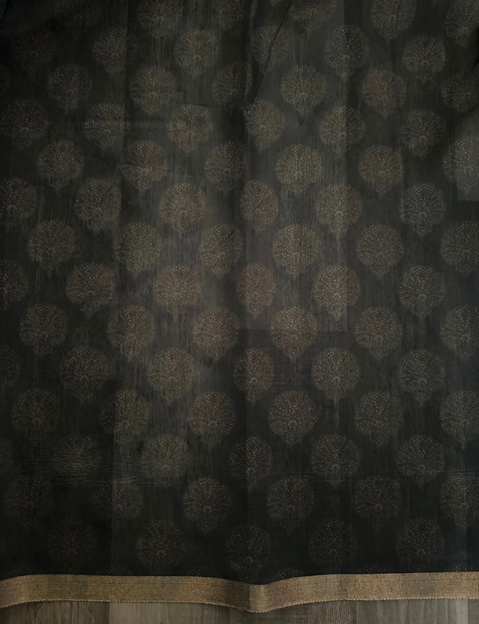 Deep Charcoal Grey Floral Design Saree with Muted Maroon Motifs & Antique Beige Border