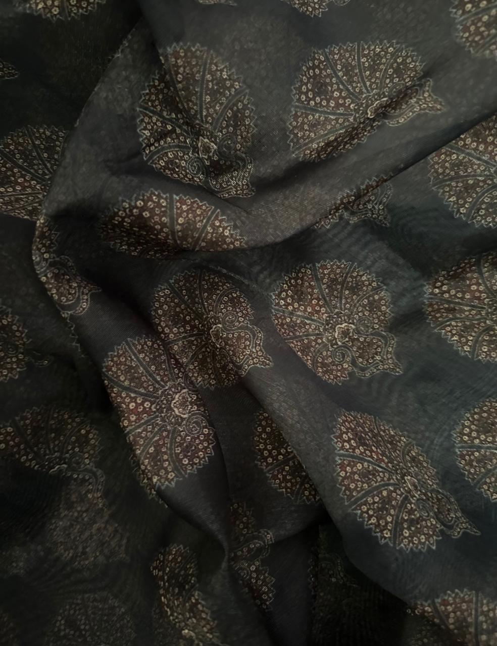 Deep Charcoal Grey Floral Design Saree with Muted Maroon Motifs & Antique Beige Border
